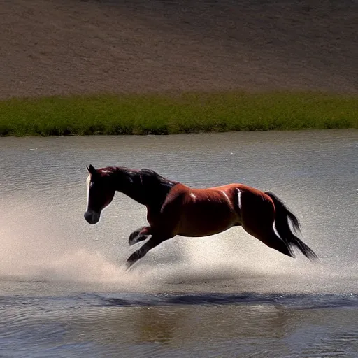 Image similar to a galloping wild horse in a river, by national-geographic