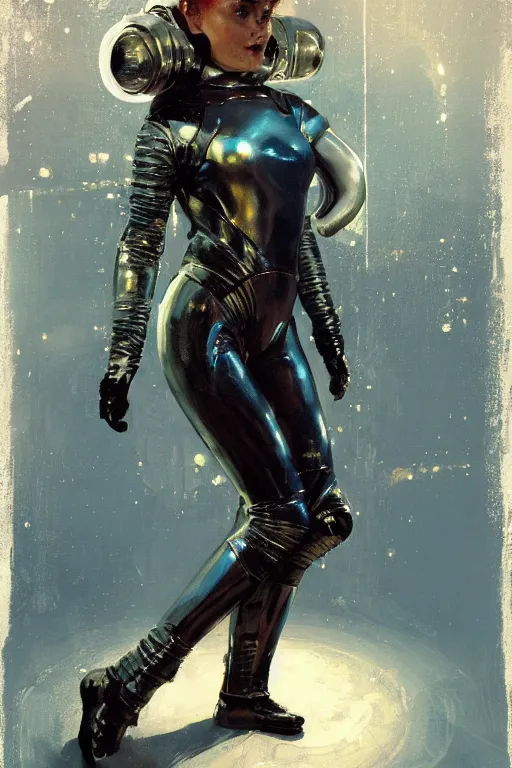 Image similar to pulp scifi fantasy illustration full body portrait of elegant woman wearing latex spacesuit, by norman rockwell, jack kirby, bergey, craig mullins, ruan jia, jeremy mann, tom lovell, 5 0 s, astounding stories, fantasy