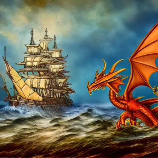 Image similar to magical ship fighting a dragon