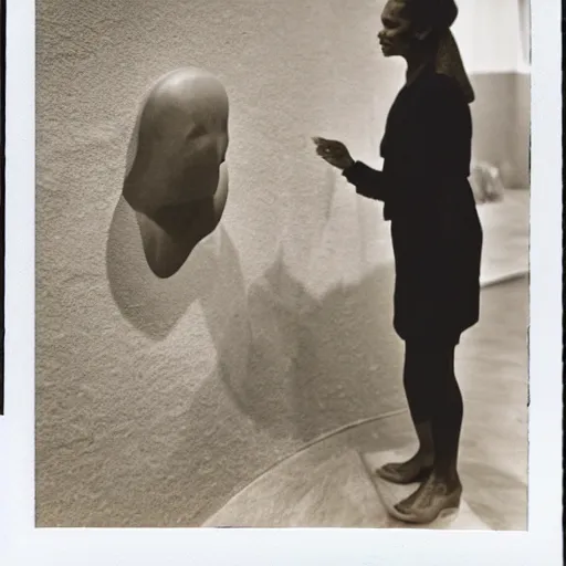 Prompt: jamel shabazz polaroid of a woman inspecting a sculpture by leonora carrington