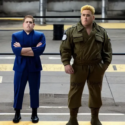 Image similar to Jonah Hill staring as Guile in the Street Fighter 2024 movie