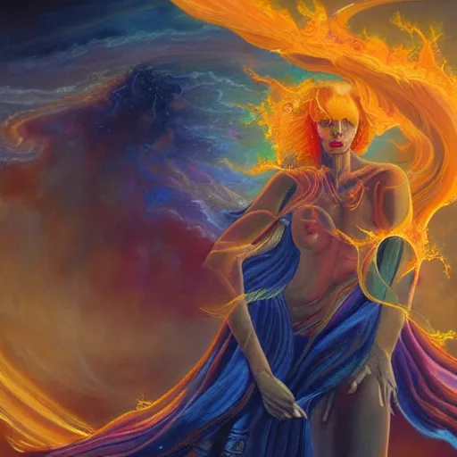 Image similar to A beautiful painting of a female cosmic being with flames as its body by Jim Burns, 8K, ultra-detailed , Trending on artstation.