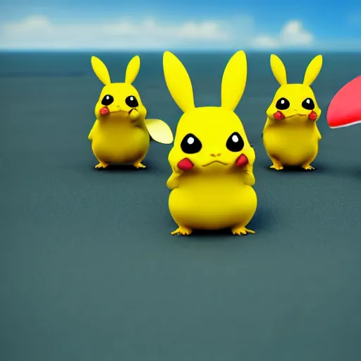 Prompt: award winning photograph a of a group of pikachus playing at the beach, kawaii trending on artstation, sunny day