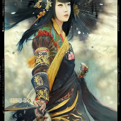 Prompt: An epic fantasy comic book style portrait painting of a gorgeous sword dance Chinese costume woman , by WLOP trending on artstation & pinterest, long hair, smoke, full body XIANXIA, Chinese temple, depth of field by Yoji Shinkawa 4k