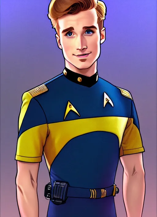 Image similar to cute star trek officer jack laugher, natural lighting, path traced, highly detailed, high quality, digital painting, by don bluth and ross tran and studio ghibli and alphonse mucha, artgerm