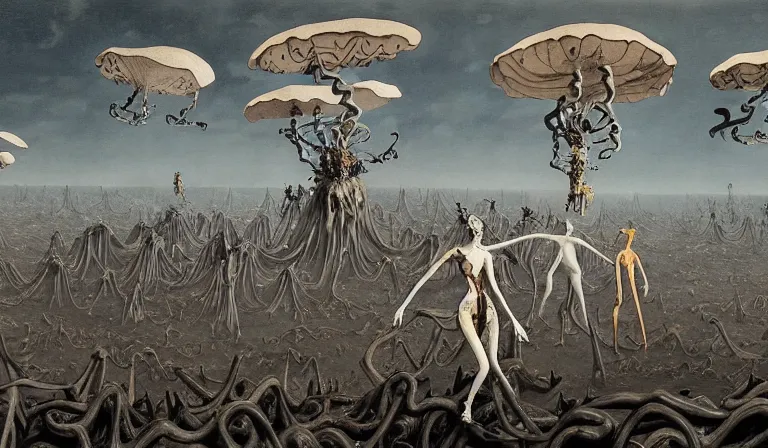 Prompt: still frame from Prometheus by Yves Tanguy and utagawa kuniyoshi, Vast hell plains with resurrecting ornate mycelium cyborgs in style of Jakub rozalski and Simon Stalenhag with character designs by Neri Oxman, metal couture haute couture editorial
