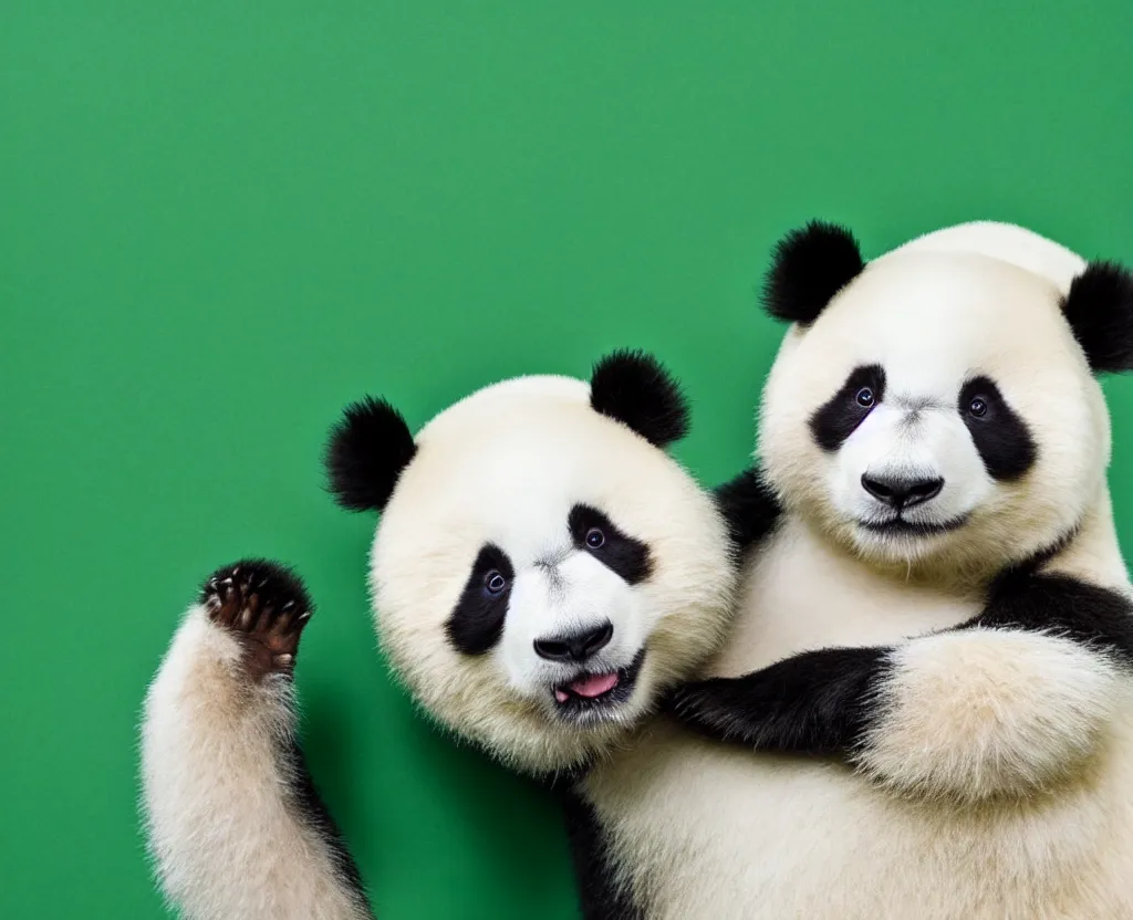 Prompt: Panda with a green and white fur, studio photography, white background