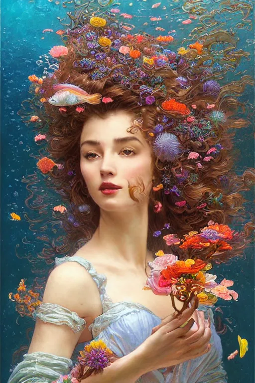 Prompt: portrait of a beautiful mysterious woman holding a bouquet of flowing flowers, hair flowing upwards, small bubbles from her mouth, hands hidden under the bouquet, submerged underwater filled with colorful small fish and coral reef, fantasy, regal, intricate, by stanley artgerm lau, greg rutkowski, thomas kindkade, alphonse mucha, loish, norman rockwell