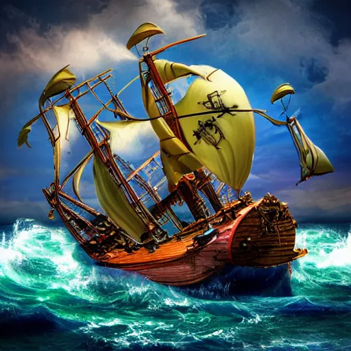 Prompt: pirate ship on rough ocean windy scene contained within a glass bottle, high detail, photorealism, colorful, ray tracing, sharp detail, intricate