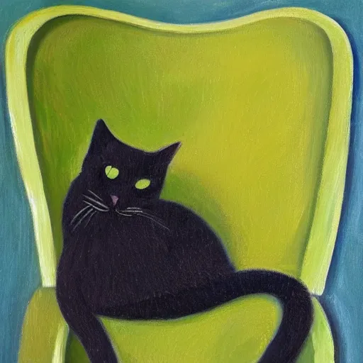 Image similar to a lonely cat laying on a green chair, oil painting