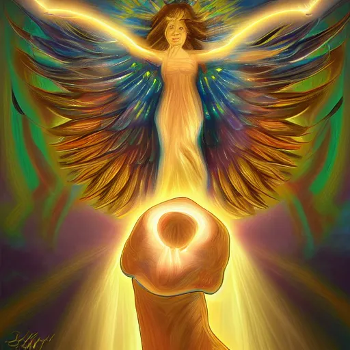 Image similar to an angel of light protecting planet earth, high detail digital painting