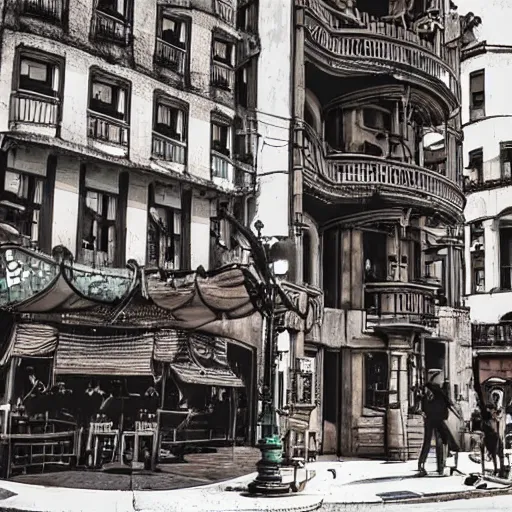 Image similar to streetview of a steampunk city.