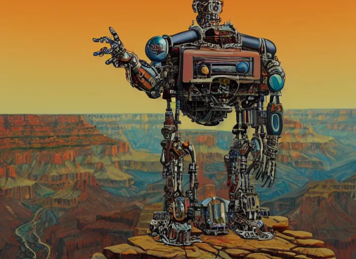 Image similar to realistic physically based rendering of a giant mechanical robot steve buscemi at the grand canyon by jack kirby!!! and simon bisley, epic, awesome trendy color palette, cinematic, claymation, by wes anderson and joop geesink, diorama