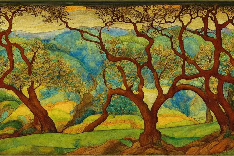 Prompt: masterpiece painting of oak trees on a hillside overlooking a creek, dramatic lighting, by phoebe anna traquair