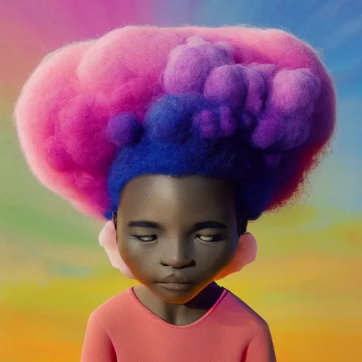 Prompt: a black girl with a colorful afro standing in a field of cotton candy at sunset, rainbow, bright colours, watercolor, volumetric wool felting, macro photography, children illustration, by goro fujita