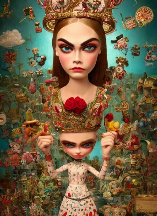 Image similar to closeup of a tin toy cara delevingne, depth of field, zeiss lens, detailed, symmetrical, centered, fashion photoshoot, by nicoletta ceccoli, mark ryden, lostfish, earl nore, hyung tae, frank frazetta, breathtaking, 8 k resolution, extremely detailed, beautiful, establishing shot, artistic, hyperrealistic, octane render