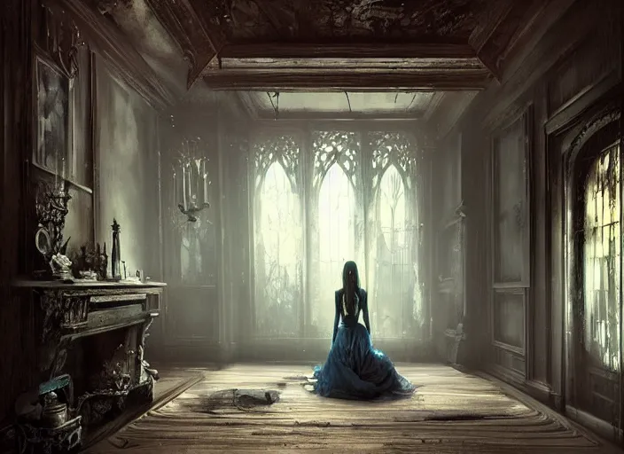 Prompt: gothic mansion room, wooden floor, elegant, digital artwork, paint, blue tones, detailed, by bastien lecouffe deharme, by jeremy mann, by alexander fedosav