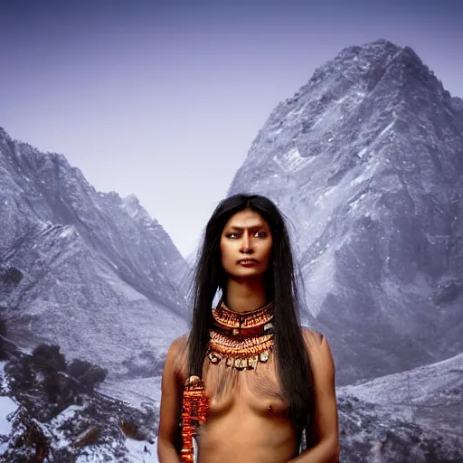 Image similar to portrait of a stunningly beautiful himalayan tribal female, depth of field, zeiss lens, detailed, symmetrical, centered, fashion photoshoot, by Annie Leibovitz and Steve McCurry, David Lazar, Jimmy Nelsson, Breathtaking, 8k resolution, extremely detailed, beautiful, establishing shot, artistic, hyperrealistic, beautiful face, octane render