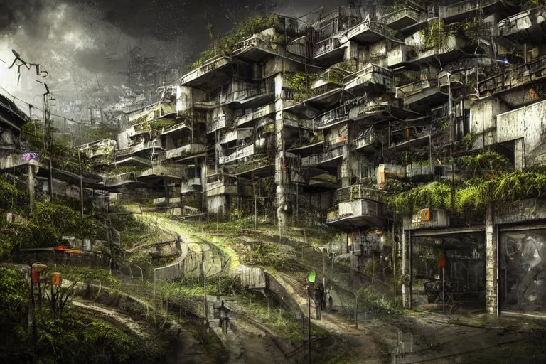 Image similar to favela winding cybernetic hive, wooded environment, industrial factory, haunting, award winning art, epic dreamlike fantasy landscape, ultra realistic,