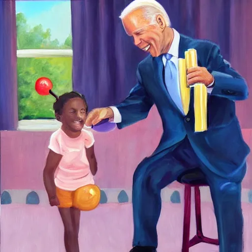 Image similar to a painting of joe biden stealing a lolly from a child