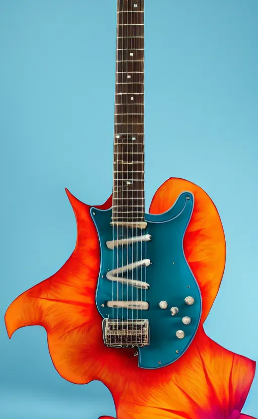 Prompt: award winning photograph of an electric guitar shaped as a bird of paradise, teal colors, 3 d hyperrealistic 8 k image style, detailed render, stunning studio photograph with dramatic lighting, depth of field