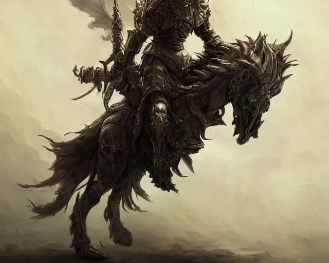 Image similar to A faded ghost devil warrior riding a giant ghost horse with armour, fantasy art, in the style of Frank Neidhardt, illustration, epic art, fantasy, intricate, elgant, amazing detail, digital painting, artstation, concept art, smooth, sharp focus