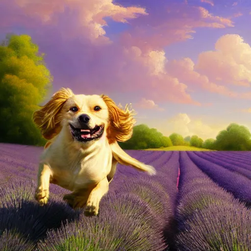 Prompt: a beautiful rococo painting of a dog running on a lavender field, puffy clouds, wide shot, golden hour, matte painting, concept art, trending on artstation, artstationHD, artstationHQ, 4k, 8k