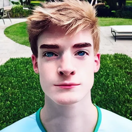 Image similar to “a realistic detailed photo of a guy who is an attractive humanoid who is half robot and half humanoid, who is a male android, twitch streamer Ninja Tyler Blevins, shiny skin, posing like a statue, blank stare, by the pool as a pool boy , display”