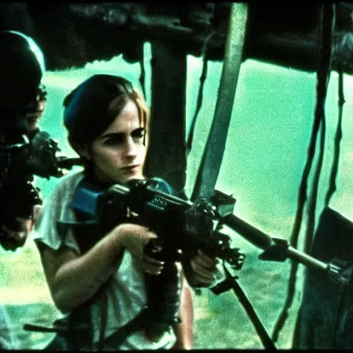 Image similar to film still, extreme far view, emma watson vietnam door gunner, film still from apocalypse now ( 1 9 7 9 ), 2 6 mm, kodak ektachrome, blue tint expired film,