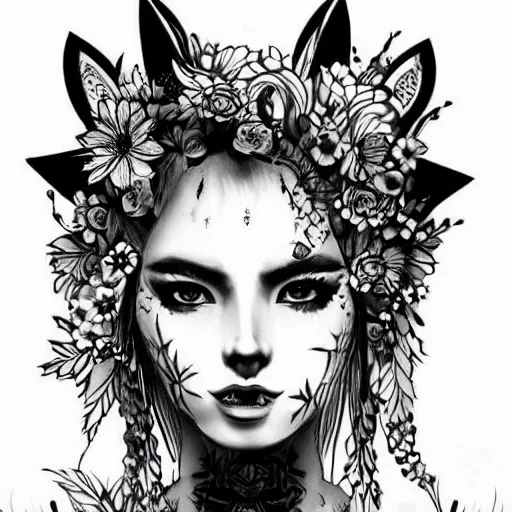 Prompt: tattoo design, stencil, tattoo stencil, traditional, beautiful portrait of a warrior girl with a wolf headdress on surrounded by flowers, upper body, by artgerm, artgerm, artgerm, digital art, cat girl, anime eyes, anime, sexy-s 100