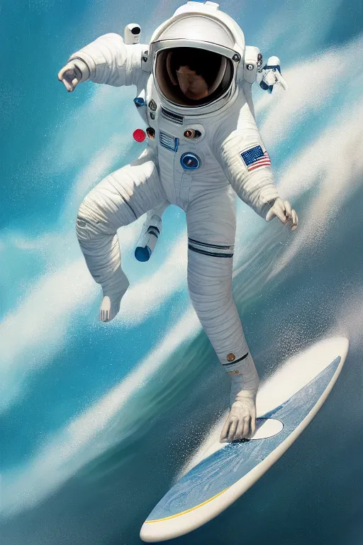 Image similar to a beautiful digital painting of an astronaut in a white space suit surfing the great wave on a surfboard by greg rutkowski, photorealistic, trending on artstation, highly detailed, intricate, unreal engine, octane render