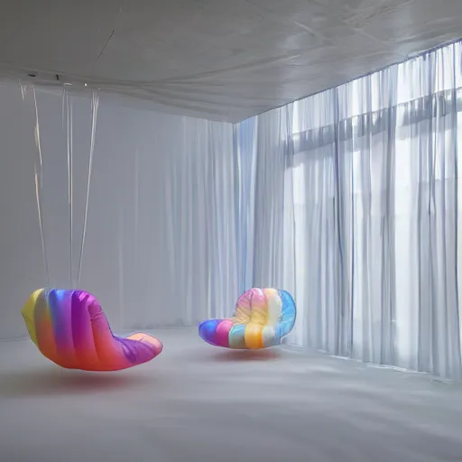 Image similar to an ultra high definition professional studio quality photograph of a transparent iridescent perspex pastel coloured inflatable abstract parachute furniture in an empty white room. dramatic lighting, ray tracing, refraction, shallow d. o. f, colour corrected, golden ratio, three point light. volumetric shadows. god rays.