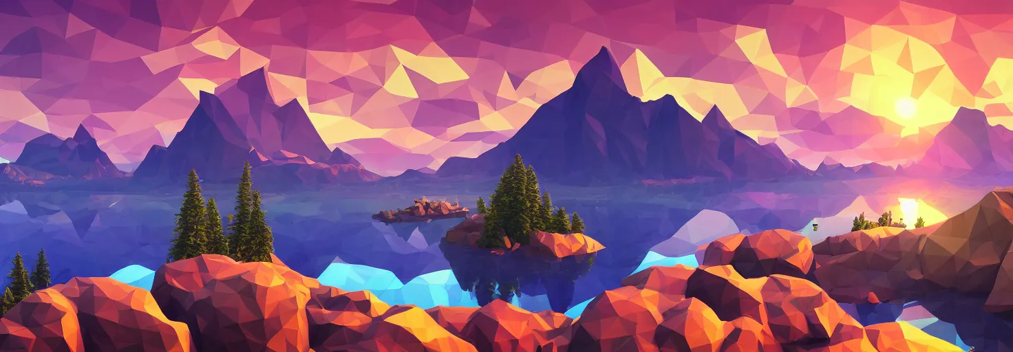 Image similar to super detailed color lowpoly art, northern sunset with rocks on front, lake in the middle of perspective and mountains at background, graphic reindeers in random points, unreal engine, retrowave color palette, 3d render, lowpoly, colorful, digital art