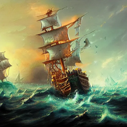 Prompt: undead pirates sailing the flying dutchman, beautiful composition, wide angle, colorful, cinematic, volumetric lighting, intricate details painting
