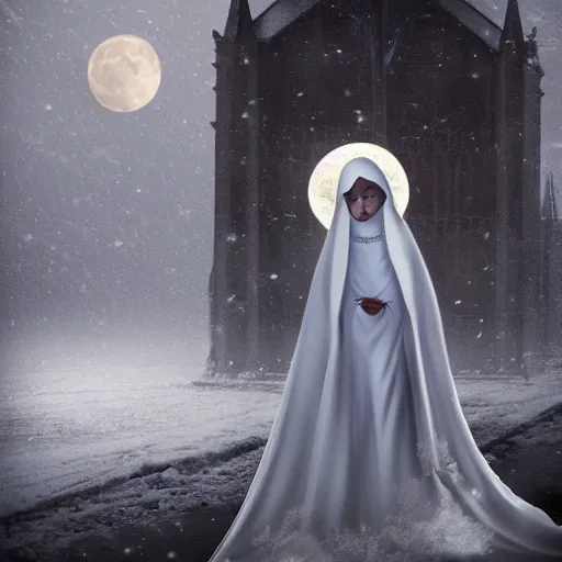 Prompt: a veiled nun holding a scythe standing on top of a gothic cathedral in a snow covered gothic city, lit by a large crescent moon, fantasy art, deviant art, fantasy, high resolution, matte finish