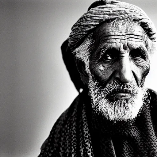 Image similar to black and white photo, portrait of 80 year old afghan man by richard avedon, realistic, Leica, medium format, cinematic lighting, parallax, high resolution,