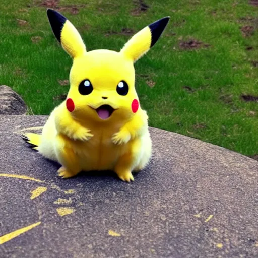 Image similar to real life pikachu pokemon, cute!!!, heroic!!!, adorable!!!, playful!!!, chubby!!! fluffly!!!, happy!!!, cheeky!!!, mischievous!!!, ultra realistic!!!, spring time, slight overcast weather, golden hour, sharp focus