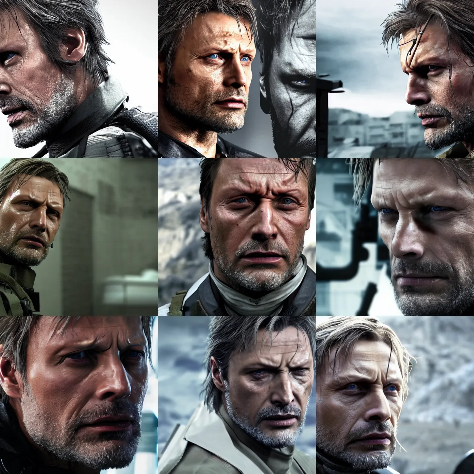 Prompt: Mads Mikkelsen as Solid Snake in Metal Gear Solid (2022), side view, wide angle shot, high-quality, 4k