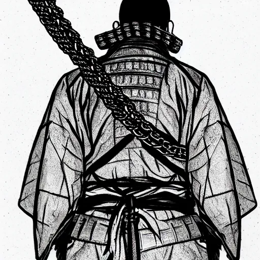 Image similar to A PORTRAIT FROM BEHIND OF A SAMURAI ,THE THE MAN IS WRAPPED IN CHAINS ,detailed, concept art, ink style , sketch