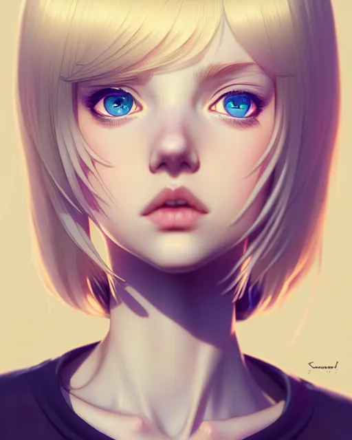 Image similar to really cool up close portrait of a beautiful blonde english emo girl in tshirt, by saruei and guweiz and ilya kuvshinov and rockwell and warhol and range murata!!, magic art, sleek curves, intricate sharp focus, trending on artstation hq, deviantart, pinterest, unreal engine 5, 4 k uhd image