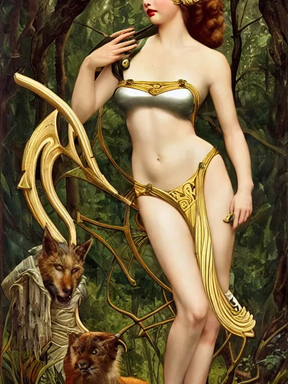 Image similar to Ana de armas as Artemis the Greek goddess of the hunt, a beautiful art nouveau portrait by Gil elvgren, Moonlit forest environment, centered composition, defined features, golden ratio, silver jewelry