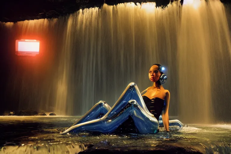 Image similar to beautiful woman robot sitting under a waterfall from, from 20XX, bathed in the glow of a crt television, tv screens in background, low-light photograph, in style of Tyler Mitchell