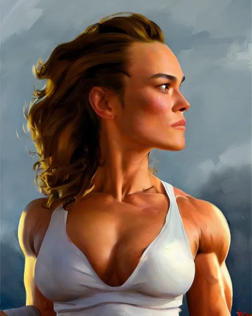 Image similar to greg manchess portrait painting of keira knightley as beautiful thick female bodybuilder zarya from overwatch, medium shot, asymmetrical, profile picture, organic painting, sunny day, matte painting, bold shapes, hard edges, street art, trending on artstation, by huang guangjian and gil elvgren and sachin teng