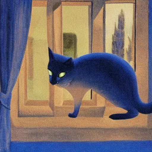 Image similar to The blue cat looking out of the window at night , Dali style