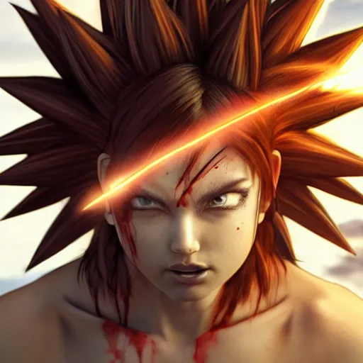 Prompt: fistfight, bloody, warrior girl, muscular girl, wild spiky black saiyan hair, long spiky hair, electrified hair, fistfighting demons, ultra realistic, intricate details, highly detailed, subsurface scattering, photorealistic, octane render, 8 k, art by artgerm, greg rutkowski, magali villeneuve, alphonse mucha