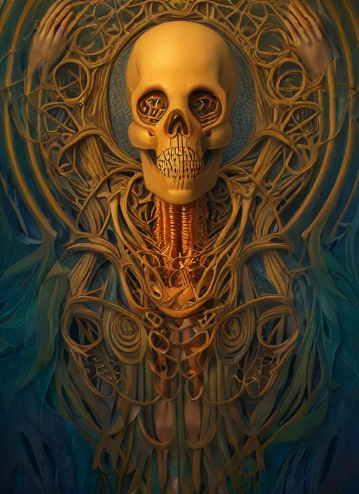 Prompt: wax skeleton, wooden art nouveau swirls, subsurface scattering, in the style of james jean and tomasz alen kopera, mystical colors, rim light, beautiful lighting, 8 k, stunning scene, raytracing, octane render, trending on artstation