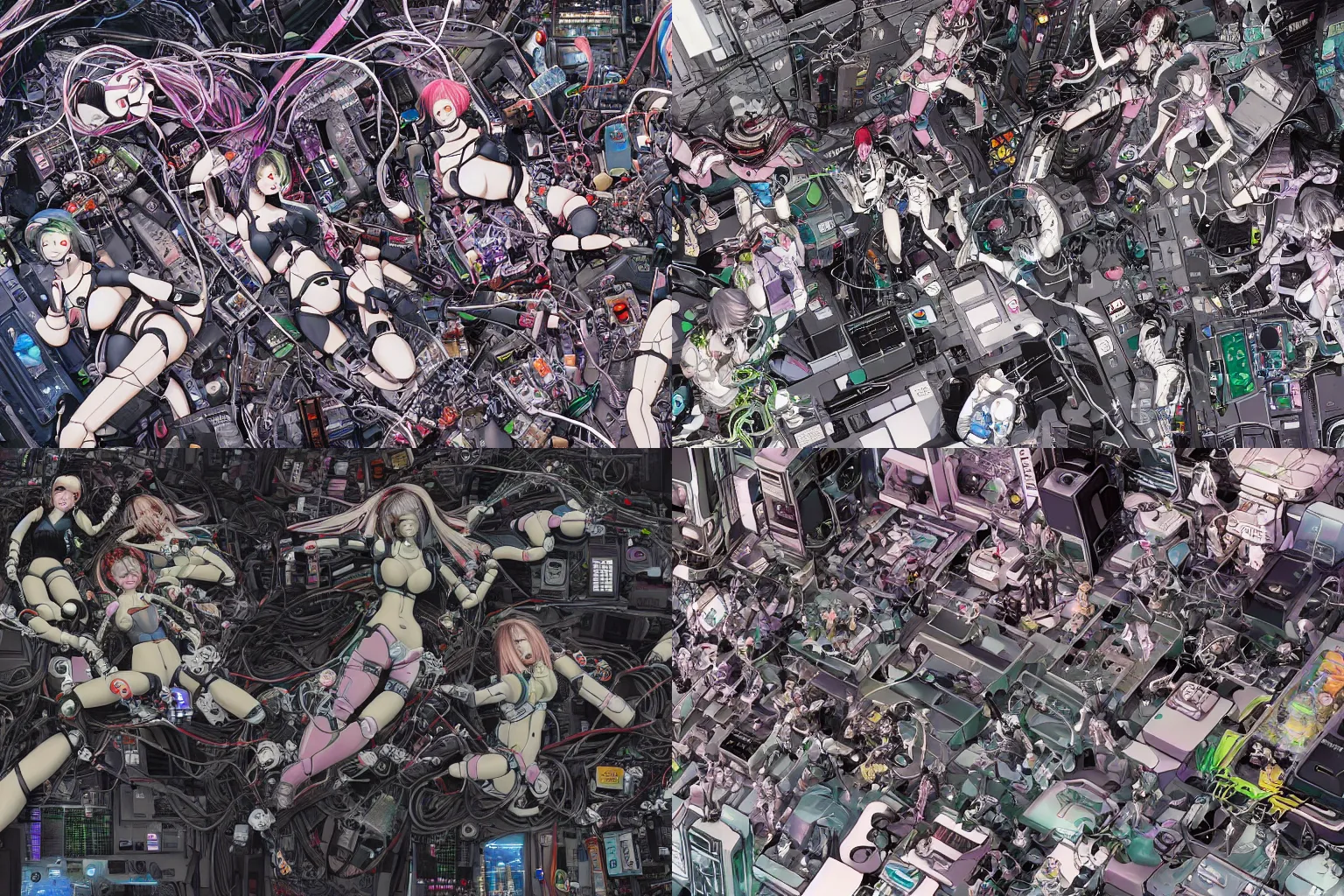 Prompt: a cyberpunk illustration of a group of coherent female android dolls in style of masamune shirow lying scattered rotated in various poses over an empty white floor with their bodies broken showing wires and cables coming out, by katsuhiro otomo and yukito kishiro, hyper-detailed, intricate colorful, view from above, close up