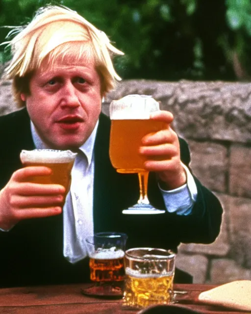 Image similar to film still close - up shot of boris johnson drinking a beer in garden from the movie monty python's the meaning of life. photographic, photography