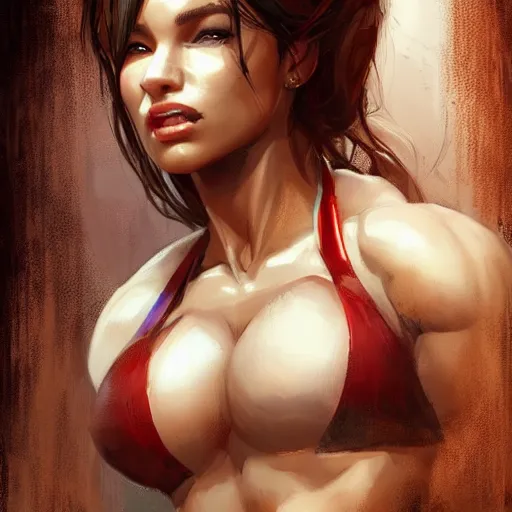 Image similar to portrait of a beautiful female bodybuilder lara croft with plump lips, elegant, fantasy, hd shot, digital portrait, beautiful, artstation, comic style, by artgerm, guy denning, jakub rozalski, magali villeneuve and charlie bowater