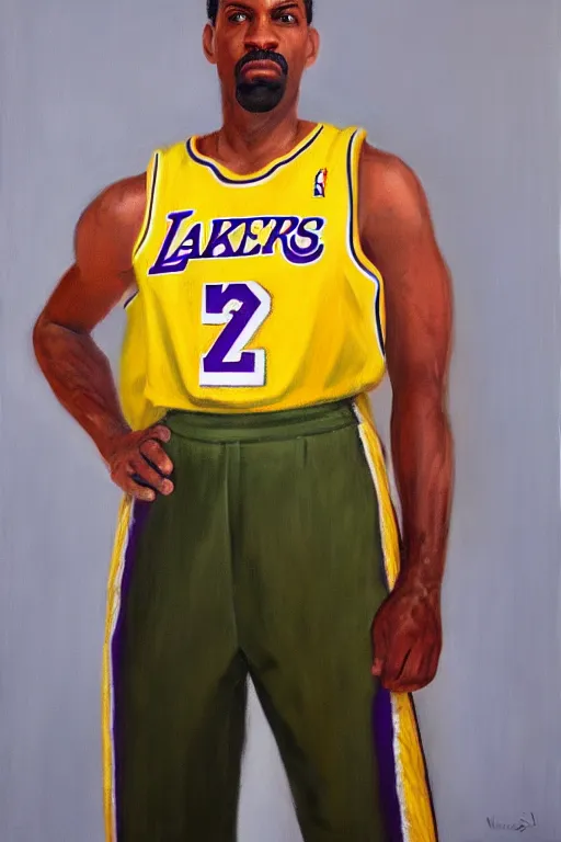 Image similar to full body portrait of the dictator of the los angeles lakers, 1 9 5 5, in full military garb, oil on canvas by william sidney mount, trending on artstation